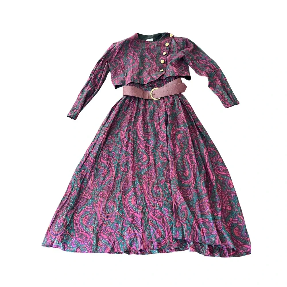 Patty O'Neil Vintage Paisley Dress Set with Cropped Jacket and Belt Pink Green 8